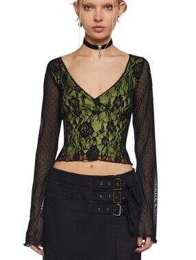 Dolls Kill Delia's Off The Path Black Lace Crop Top NEW